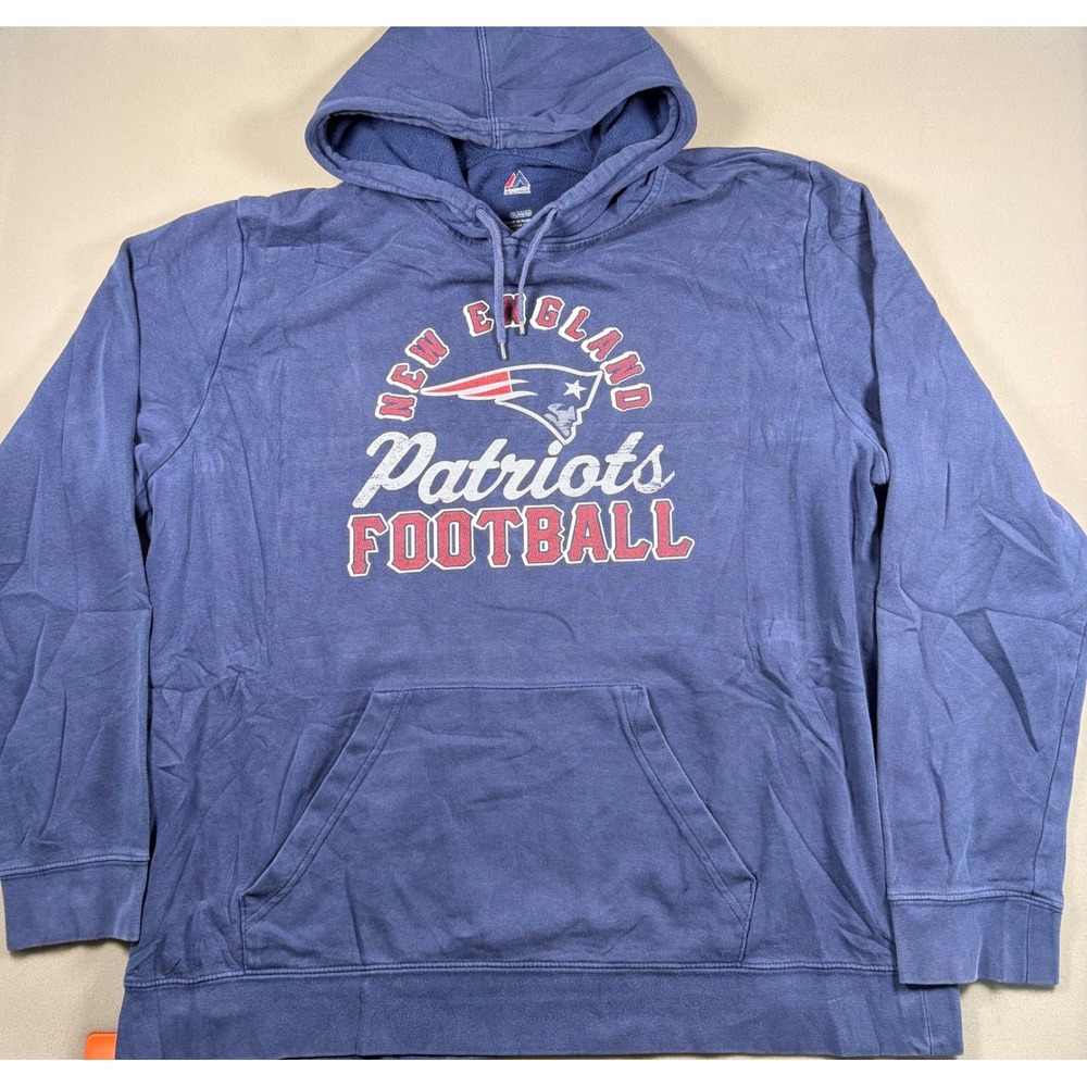 New England Patriots Majestic Football Hoodie Mens XL Blue Graphic Sweatshirt